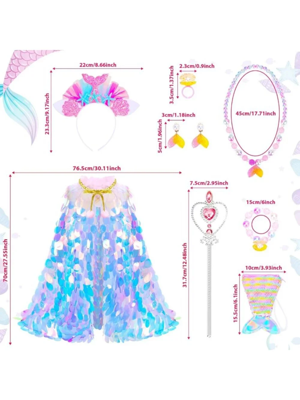 Rainbow Mermaid Cape & Princess Dress Up Set - 9 Pcs Costume Kit for Girls 3-8
